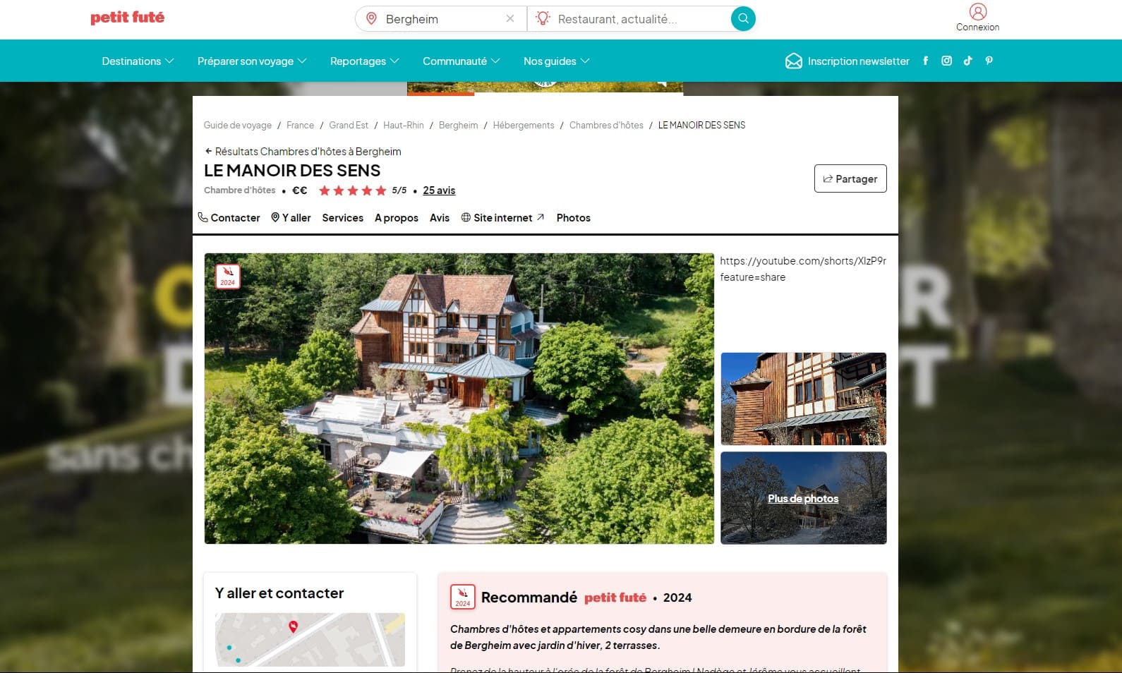 Capture d'écran du site le petit futé pour le manoir des sens