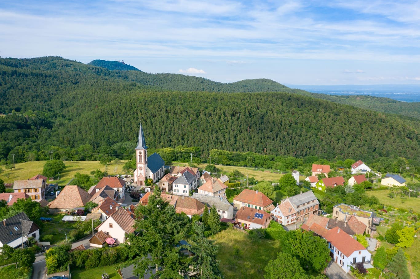 Photo aérienne du village de Thannenkirch, chambres d'hôtes et gites au Manoir des Sens